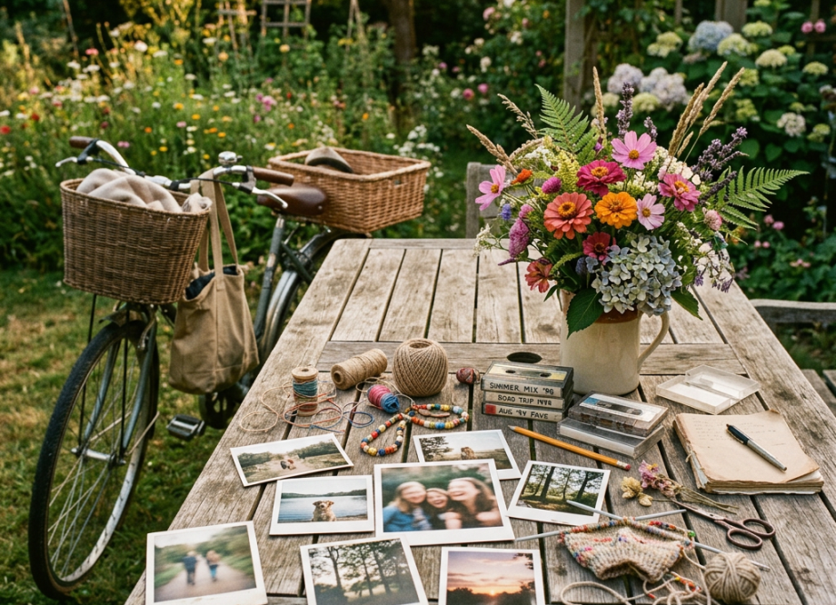 Garden table with flowers, craft supplies, photographs, and a bicycle
